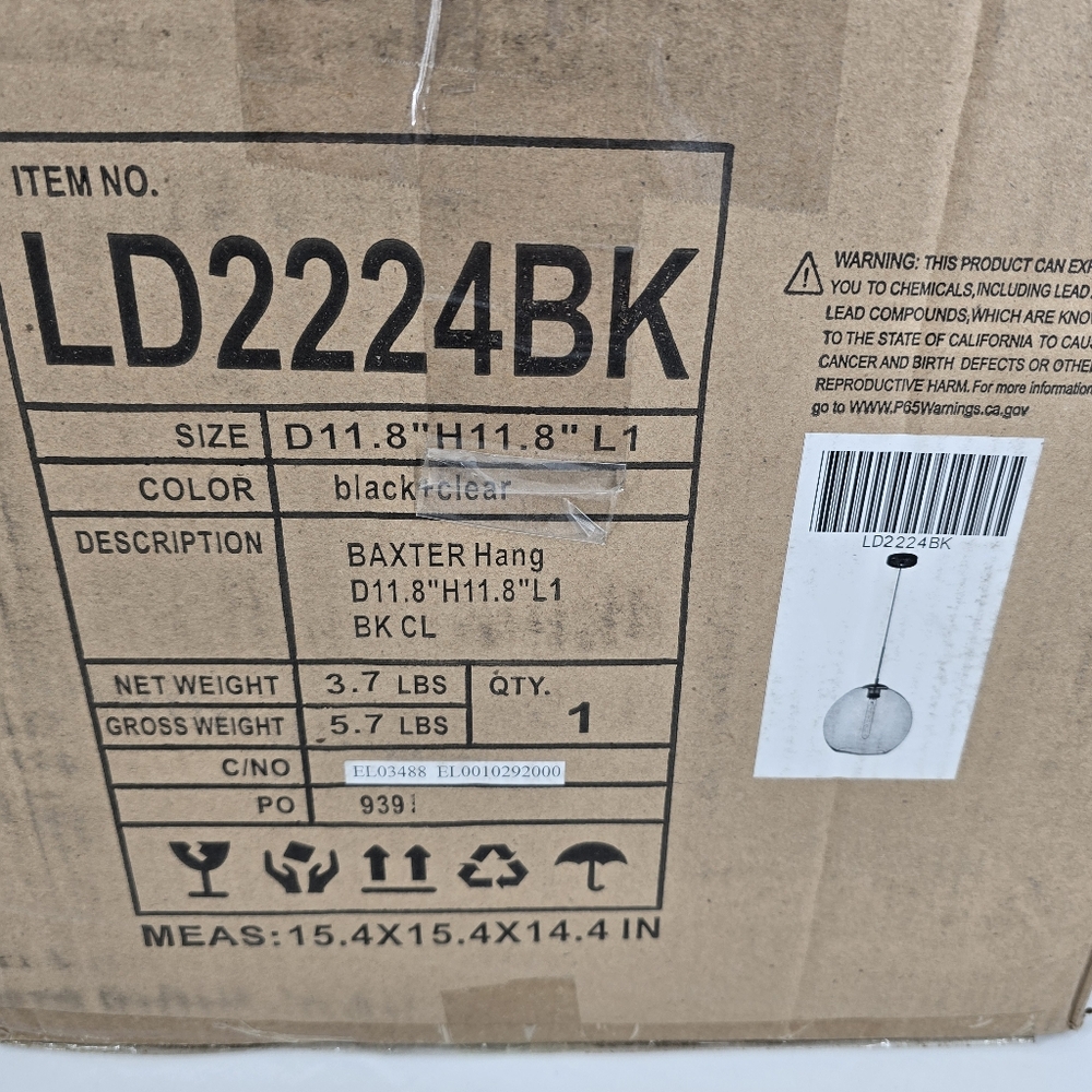Living District NEW Baxter 1 Light Black Clear Glass Pendant Light LD2224BK